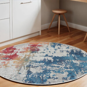 6' Ivory Red and Blue Abstract Distressed Non Skid Round Rug