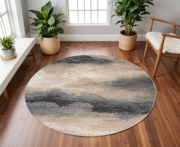 8' Gray Black and Beige Abstract Non Skid Round Rug