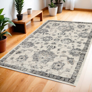 4' X 6' Cream and Gray Floral Medallion Distressed Area Rug
