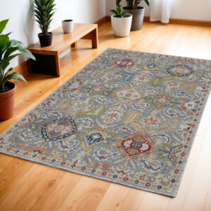 4' X 6' Ivory Gray and Orange Floral Distressed Non Skid Area Rug