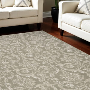 8' X 10' Olive Green and Ivory Damask Distressed Non Skid Area Rug