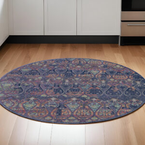 6' Navy Blue and Orange Ogee Distressed Non Skid Round Rug