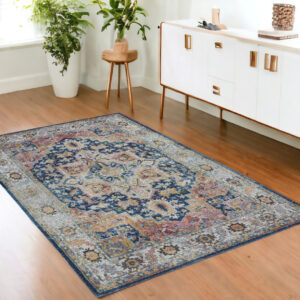4' X 6' Ivory Blue and Orange Floral Medallion Distressed Non Skid Area Rug