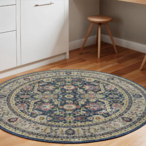 6' Navy Blue and Yellow Floral Distressed Non Skid Round Rug