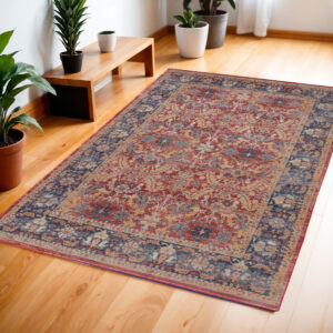 4' X 6' Blue and Red Oriental Distressed Non Skid Area Rug
