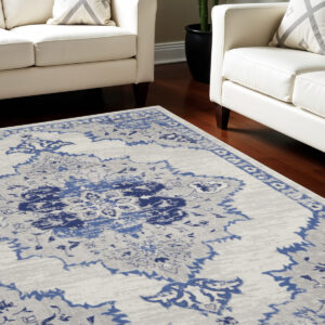 8' X 10' Ivory Blue and Gray Floral Medallion Distressed Non Skid Area Rug