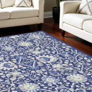 8' X 10' Navy Blue Ivory and Beige Floral Distressed Non Skid Area Rug