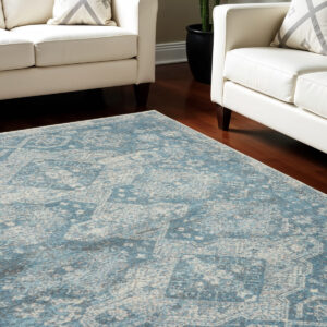 8' X 10' Ivory and Light Blue Geometric Distressed Area Rug