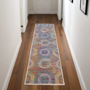 8' Blue Red and Orange Geometric Distressed Non Skid Runner Rug