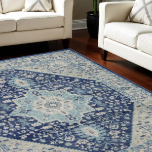 8' X 10' Ivory And Navy Blue Floral Medallion Distressed Area Rug