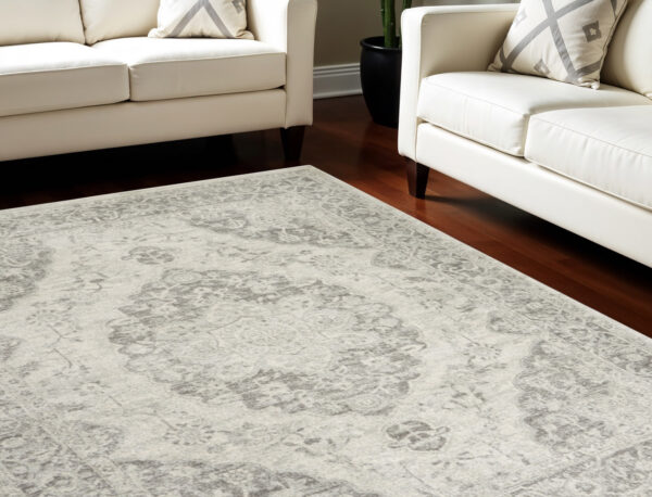 8' X 10' Ivory And Gray Floral Medallion Distressed Area Rug