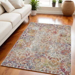 5' X 8' Ivory Gray and Orange Floral Distressed Non Skid Area Rug