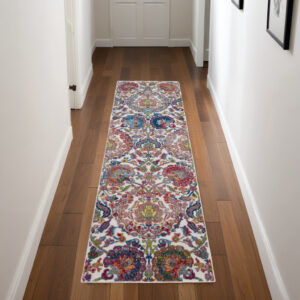 8' Ivory Blue and Gray Floral Distressed Non Skid Runner Rug