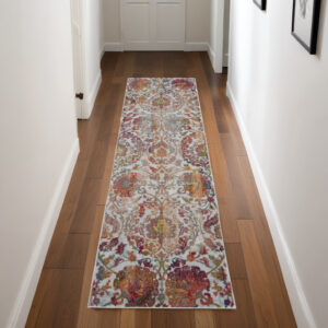 8' Ivory Gray and Orange Floral Distressed Non Skid Runner Rug