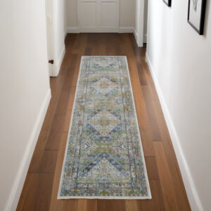 8' Ivory Blue and Green Floral Distressed Non Skid Runner Rug