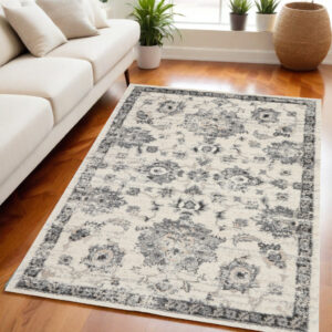 5' X 7' Cream and Gray Floral Distressed Area Rug