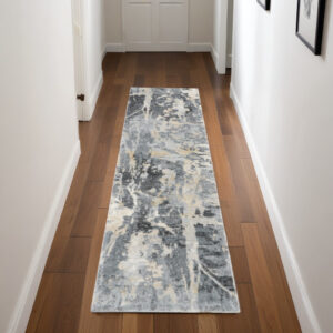 8' Ivory Black and Gray Abstract Distressed Runner Rug