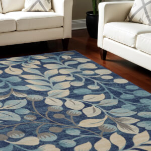 8' X 10' Navy Blue and Beige Botanical Leaves Area Rug
