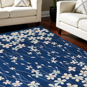 8' X 10' Navy Blue and Ivory Floral Area Rug