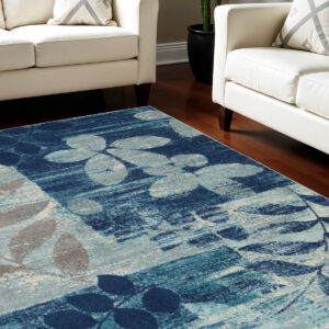 8' X 10' Navy Blue Light Blue and Gray Botanical Leaves Area Rug