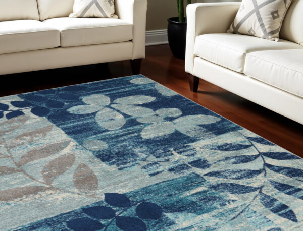 8' X 10' Navy Blue Light Blue and Gray Botanical Leaves Area Rug