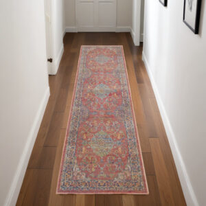 8' Blue and Red Floral Medallion Distressed Non Skid Runner Rug