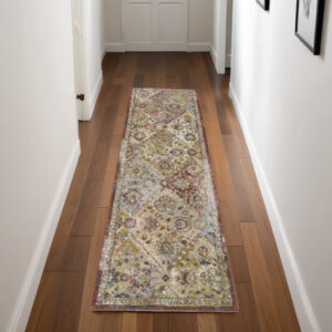8' Green and Ivory Floral Distressed Runner Rug