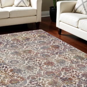 8' X 10' White and Golden Brown Floral Distressed Non Skid Area Rug