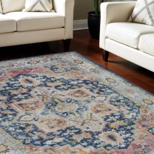 8' X 10' Ivory Blue and Orange Floral Medallion Distressed Non Skid Area Rug