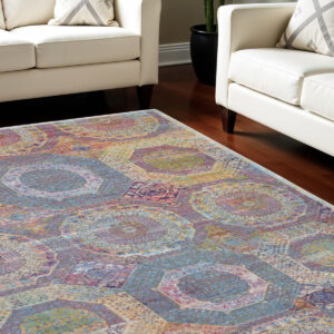 8' X 10' Blue Red and Orange Geometric Distressed Non Skid Area Rug