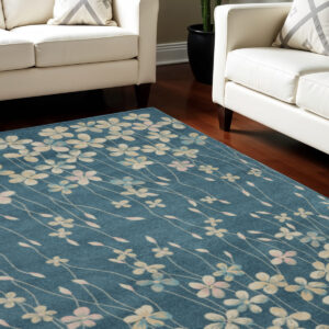 9' X 12' Turquoise and Cream Floral Area Rug