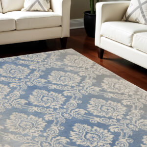 9' X 12' Blue and Ivory Damask Distressed Non Skid Area Rug