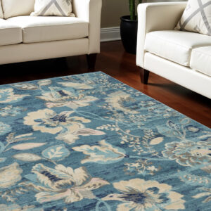 9' X 12' Turquoise Cream and Navy Blue Floral Distressed Area Rug