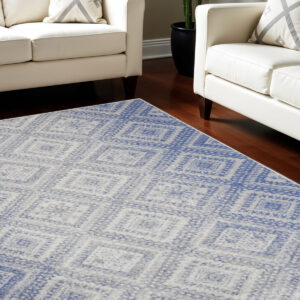 8' X 12' Ivory and Blue Geometric Distressed Non Skid Area Rug