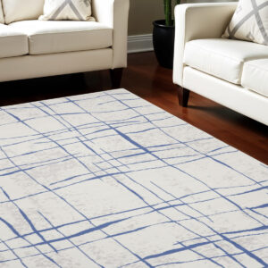 8' X 12' Ivory and Blue Abstract Geometric Distressed Non Skid Area Rug