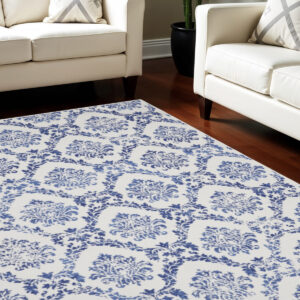 8' X 12' Ivory and Navy Blue Damask Distressed Non Skid Area Rug