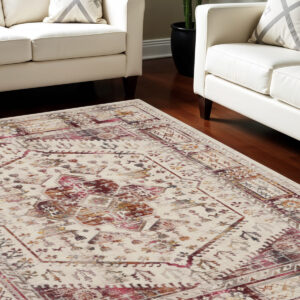 9' X 12' Ivory Red And Orange Floral Distressed Non Skid Area Rug