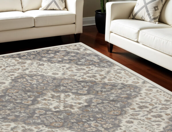 9' X 12' Ivory and Gray Floral Non Skid Area Rug