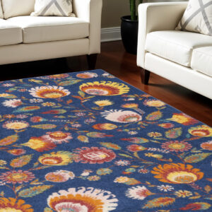 9' X 12' Navy Blue Floral Power Loom Area Rug