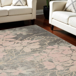 9' X 12' Gray And Pink Floral Area Rug