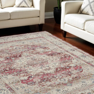 9' X 12' Ivory Red And Brown Floral Distressed Non Skid Area Rug