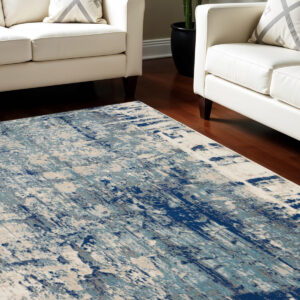 9' X 13' Ivory Blue and Slate Gray Abstract Non Skid Area Rug