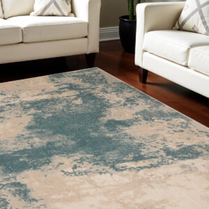 9' X 13' Ivory and Teal Blue Abstract Non Skid Area Rug