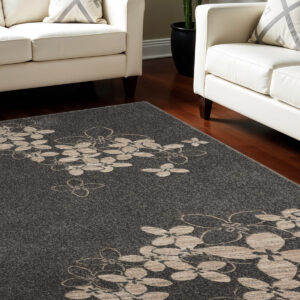 9' X 13' Beige and Charcoal Floral Non Skid Area Rug