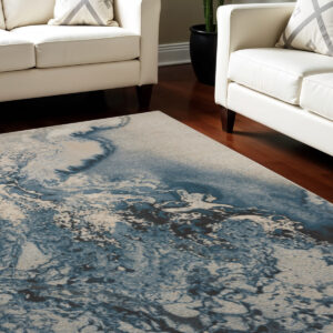 9' X 13' Ivory Teal Blue and Black Abstract Non Skid Area Rug