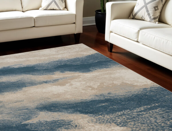 9' X 13' Ivory and Teal Blue Abstract Non Skid Area Rug