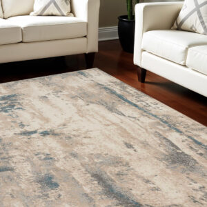 9' X 13' Ivory and Teal Blue Abstract Non Skid Area Rug