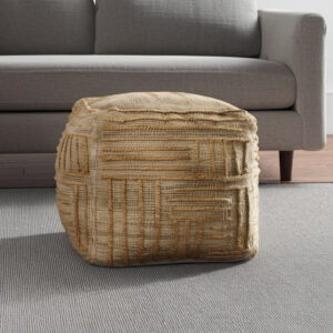 18" Natural Jute Blend Cube Striped Pouf Ottoman