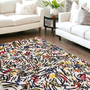 8' X 11' White Abstract Non Skid Area Rug