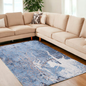 7' X 9' Blue and Black Abstract Non Skid Area Rug